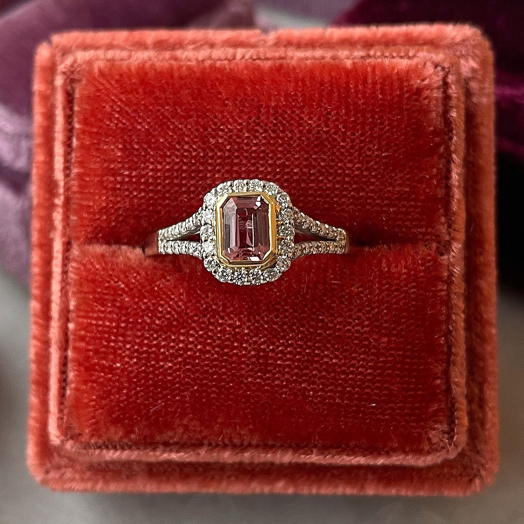 ⁠0.52ct Emerald Cut Padparadscha Sapphire 18ct Yellow Gold with 0.23ct Diamonds Platinum Ring